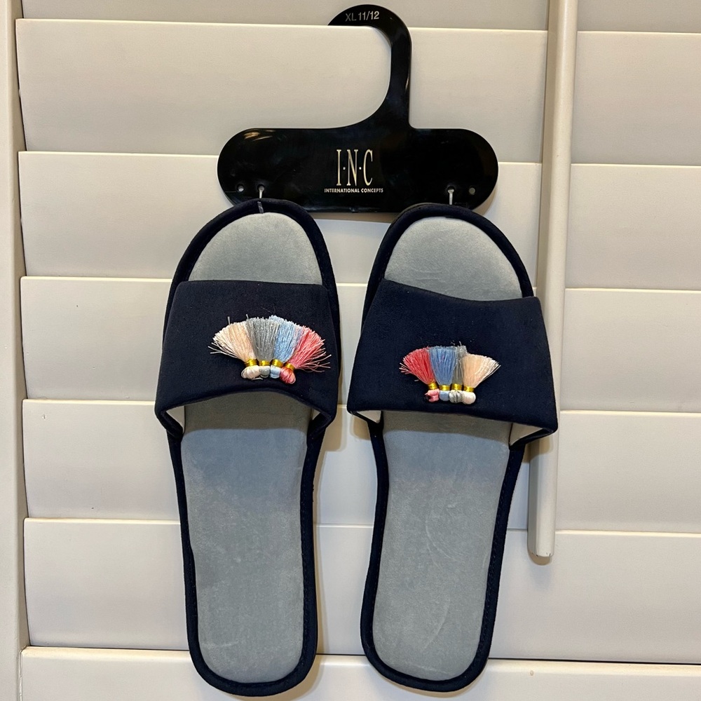 I•N•C•-Black Micro Fiber Slippers with Multi-Colored Tassels-Sz XL (11/12)~NWT